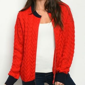 PROMESA RED NAVY COMFY COZY SWEATER BOMBER JACKET